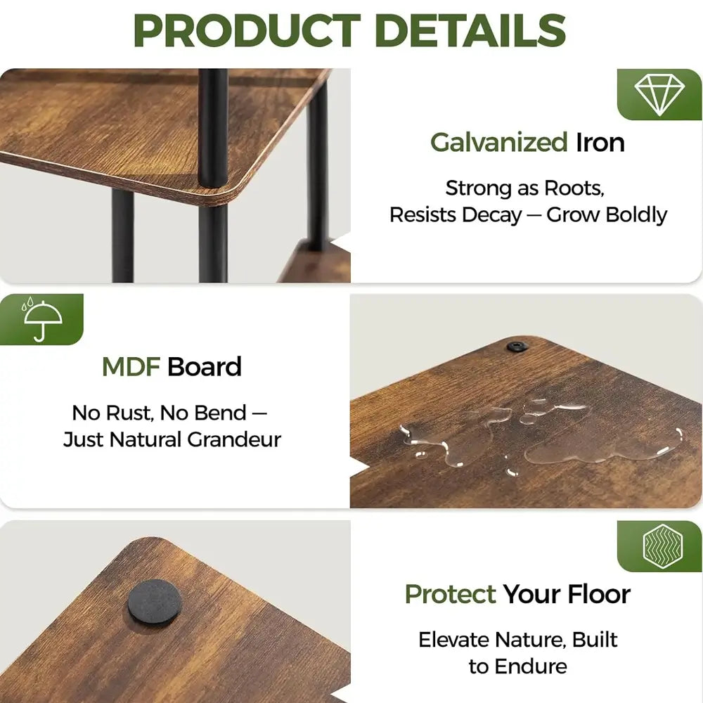 Product details of a wooden table with galvanized iron legs on a white background.