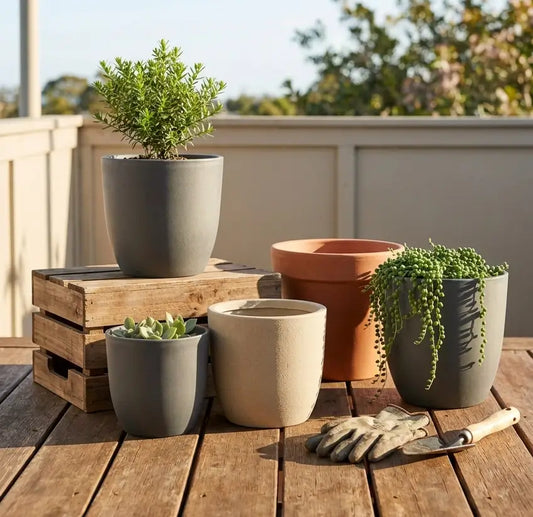5-piece UV-resistant planter pot set arranged on an Australian balcony