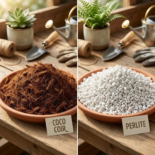 Coco coir brick vs coco perlite mix growing medium comparison in terracotta bowls on wooden table