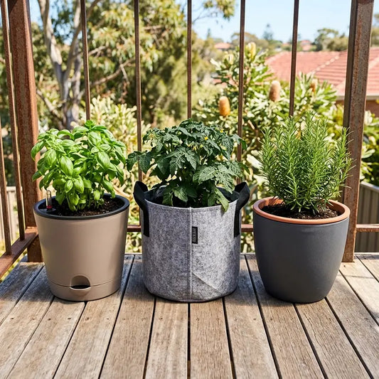Self-watering pot, fabric aeration pot and UV-resistant  planter pot side by side for Australian gardens