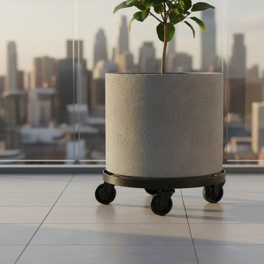 Heavy pot on a plant caddy with wheels on an Australian apartment balcony