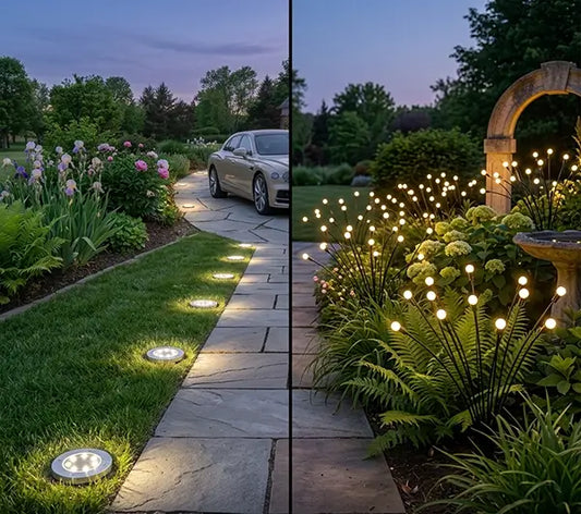 Solar disk lights vs firefly solar lights in an Australian garden at night