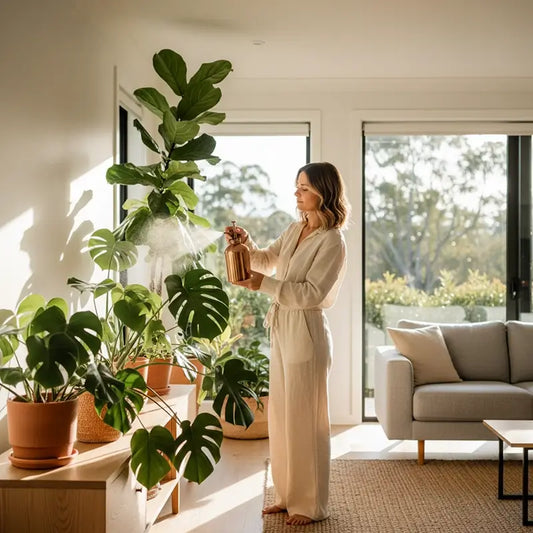 Woman misting tropical houseplants indoors in an Australian home