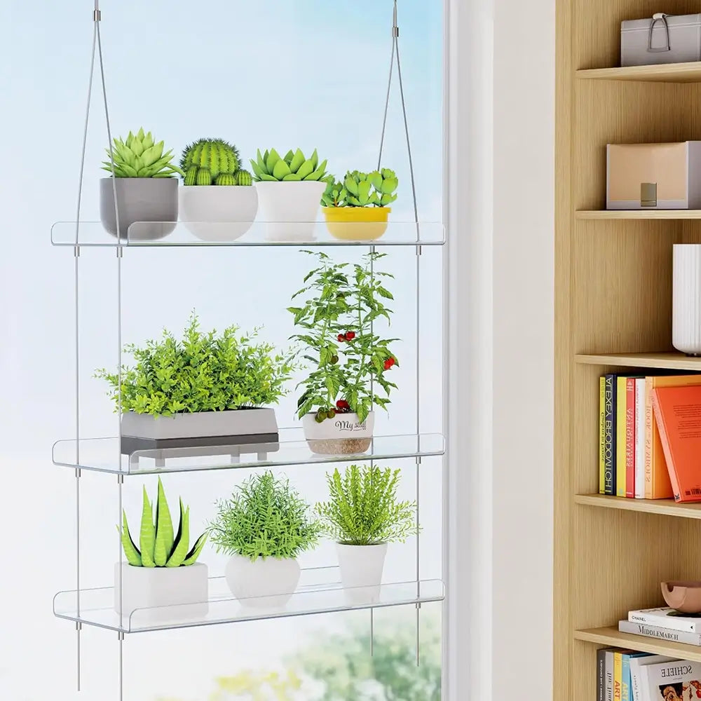 Hanging plant shelf with various potted plants next to a bookshelf.