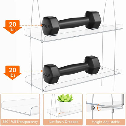 Two 20-pound dumbbells on a clear shelf with additional features highlighted.