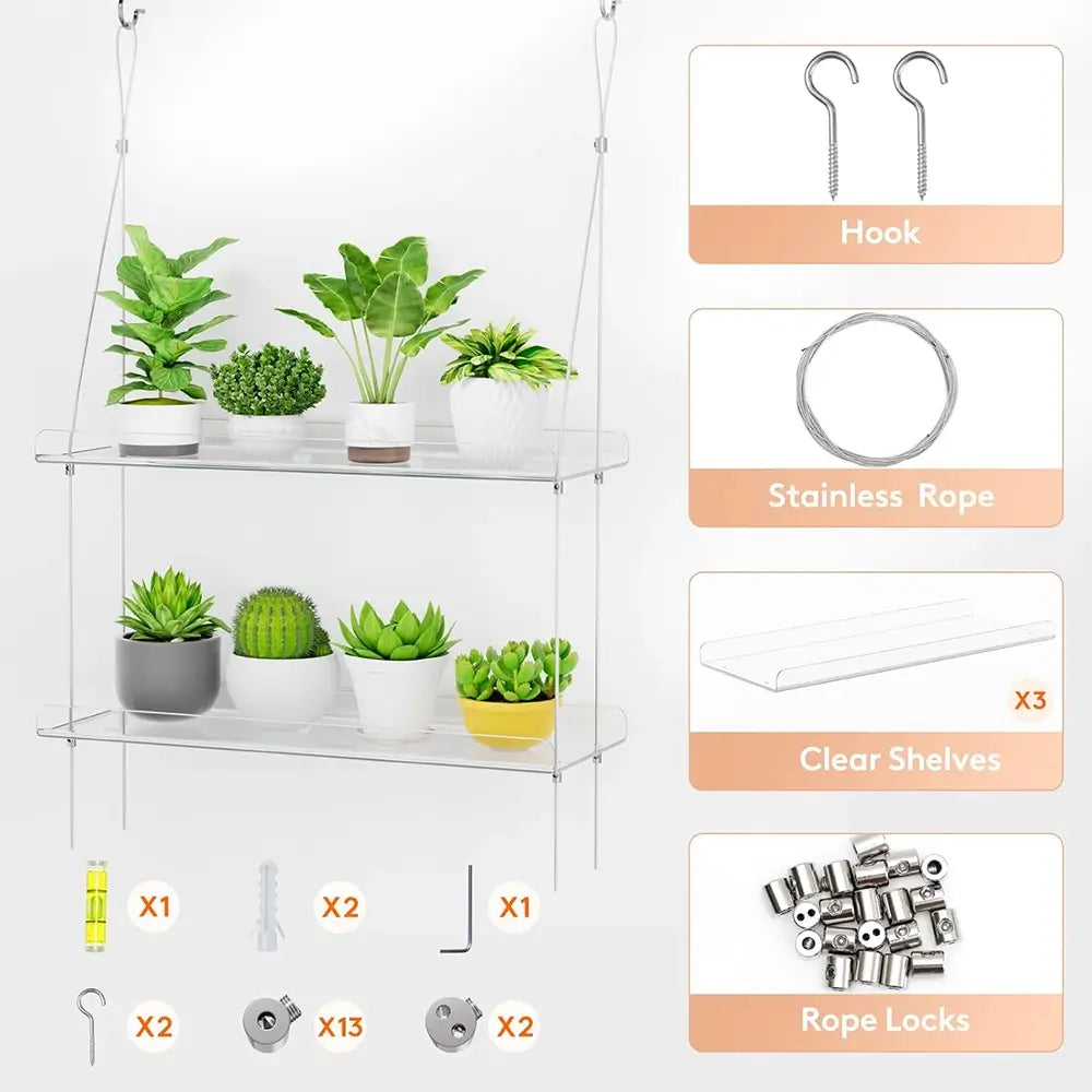 Three-tiered plant stand with plants and assembly parts on a white background