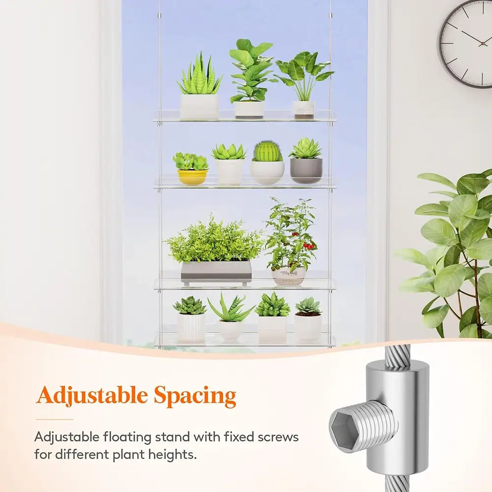 Shelving unit with adjustable spacing feature for plants, showing a clock and additional plant on a light background.