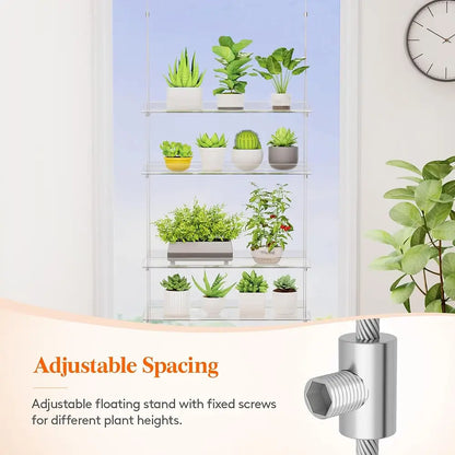Shelving unit with adjustable spacing feature for plants, showing a clock and additional plant on a light background.
