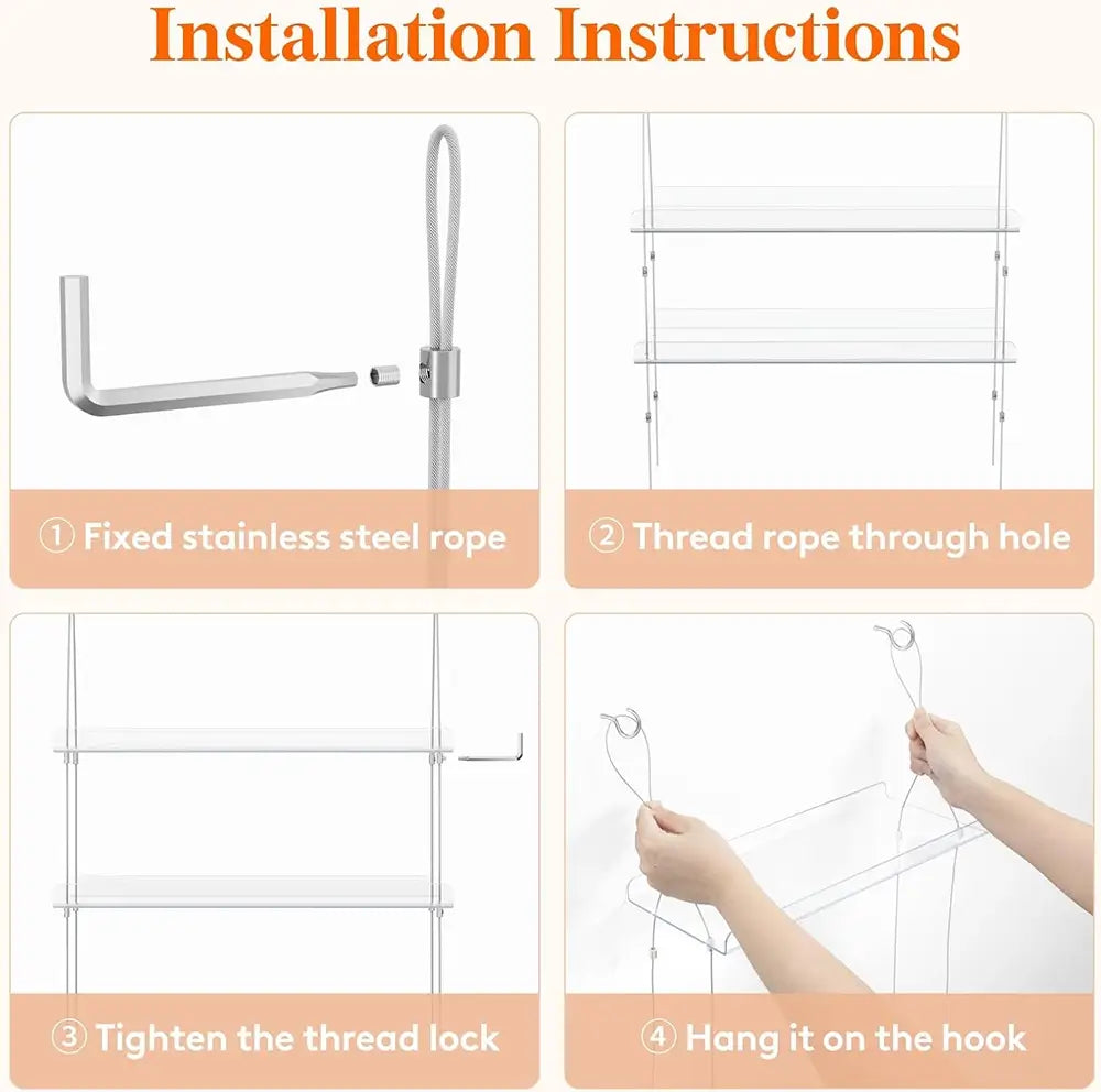 Step-by-step installation instructions for a metal rack with text labels.