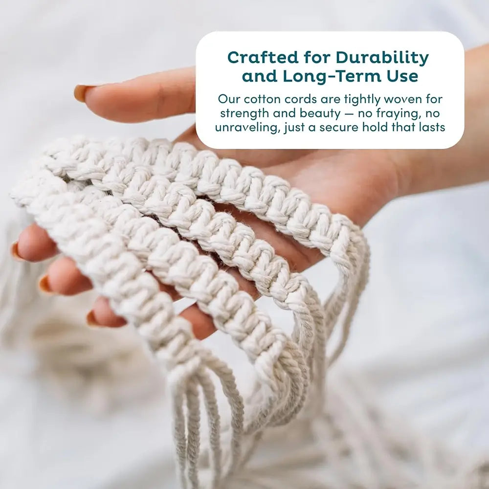 Hand holding a woven cotton cord with text about durability and long-term use.