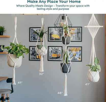 Hanging planters with plants on a wall with text about home decor.