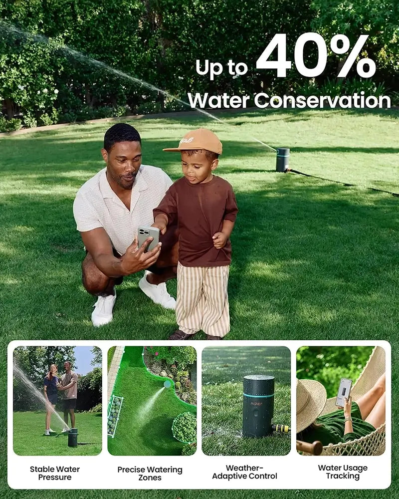 A promotional lawn watering product shown in a real backyard setting with a man and child crouching beside a sprinkler, plus text reading 'Up to 40% Water Conservation' and four feature panels below about stable water pressure, precise watering zones, weather-adaptive control, and usage tracking.