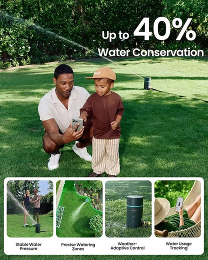 A promotional lawn watering product shown in a real backyard setting with a man and child crouching beside a sprinkler, plus text reading 'Up to 40% Water Conservation' and four feature panels below about stable water pressure, precise watering zones, weather-adaptive control, and usage tracking.