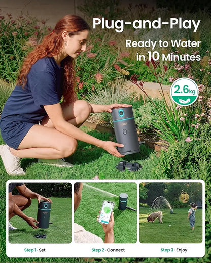A woman kneels on a grassy garden lawn holding a cylindrical smart sprinkler system. Large text at the top reads 'Plug-and-Play Ready to Water in 10 Minutes' with a '2.