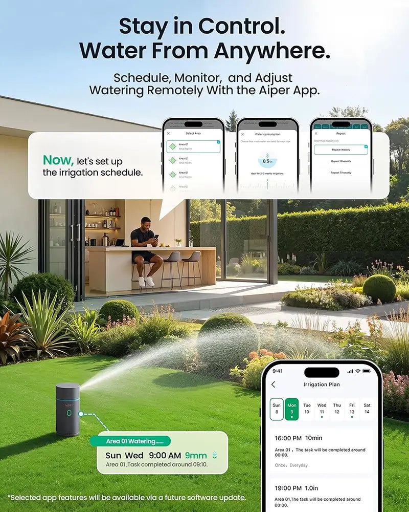 Promotional graphic for a smart irrigation controller and app, showing a landscaped garden with sprinkler spray, a smartphone displaying the irrigation plan, and three phone interface screenshots. Text reads 'Stay in Control.