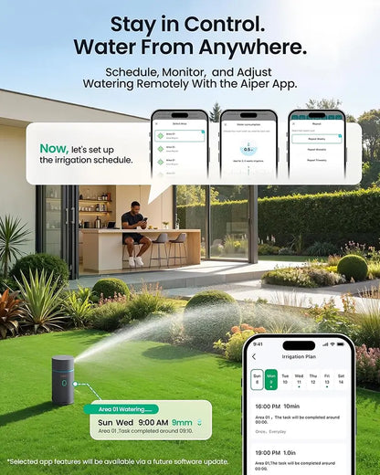 Promotional graphic for a smart irrigation controller and app, showing a landscaped garden with sprinkler spray, a smartphone displaying the irrigation plan, and three phone interface screenshots. Text reads 'Stay in Control.