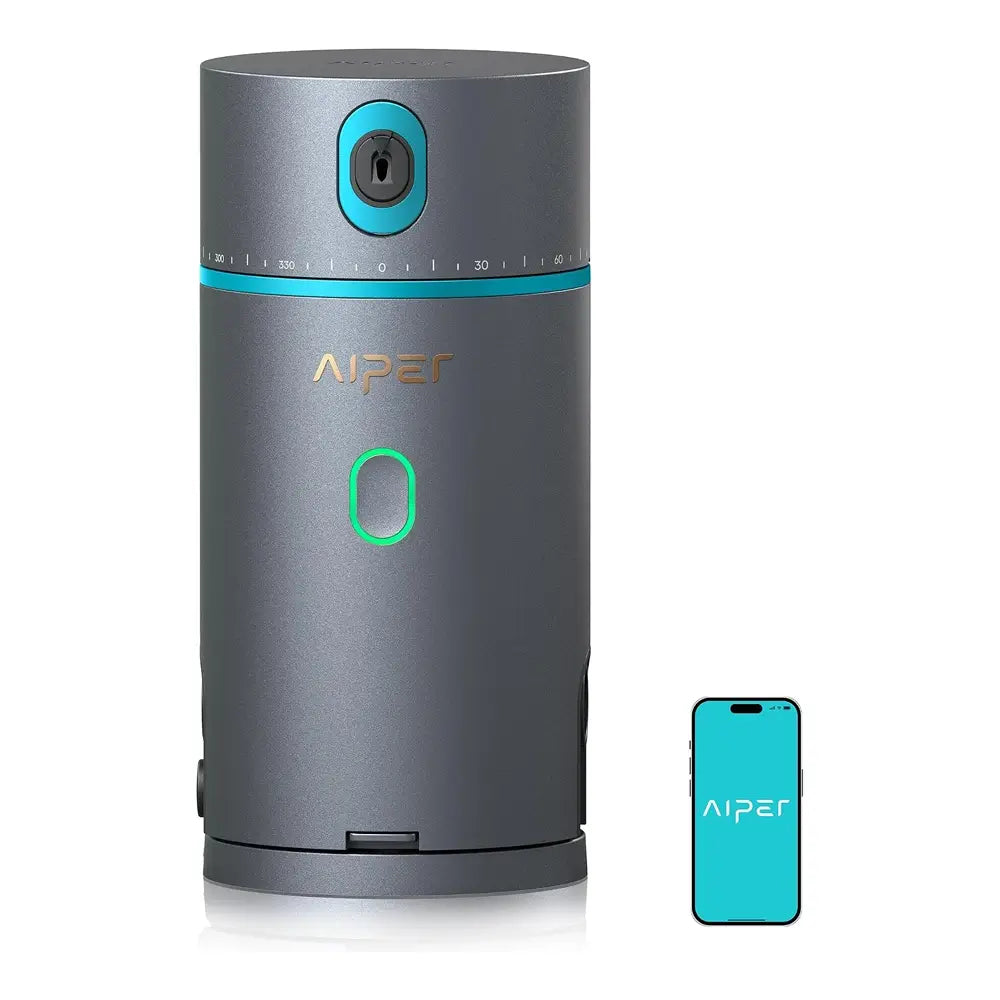 A dark gray cylindrical Aiper device with turquoise blue accents and a green illuminated button, shown next to a smartphone displaying the Aiper app on a white background.