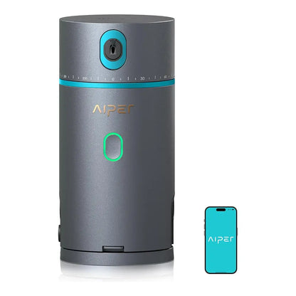 A dark gray cylindrical Aiper device with turquoise blue accents and a green illuminated button, shown next to a smartphone displaying the Aiper app on a white background.