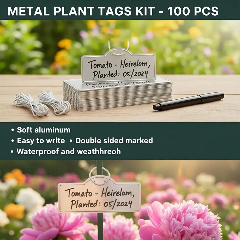 Metal plant tags kit shown on a wooden surface with a blurred garden background, including a stack of tags, white string, and a black pen. Text highlights soft aluminum, easy writing, double-sided marking, and waterproof quality.