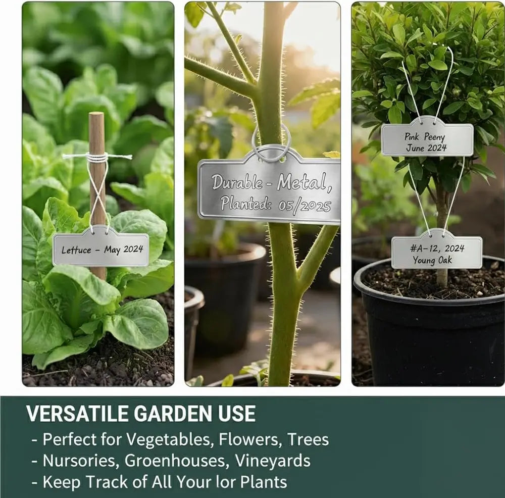 Three-panel collage showing metal garden tags attached to plants in a garden setting, with text at the bottom reading 'VERSATILE GARDEN USE' and bullet points about use for vegetables, flowers, trees, nurseries, greenhouses, and vineyards.