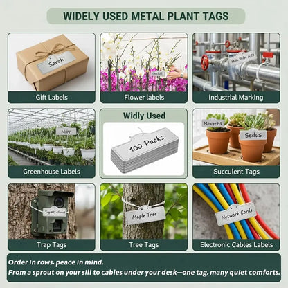 Metal plant tags used in various applications including gift labels, flower labels, industrial marking, greenhouse labels, succulent tags, trap tags, tree tags, and electronic cables labels.