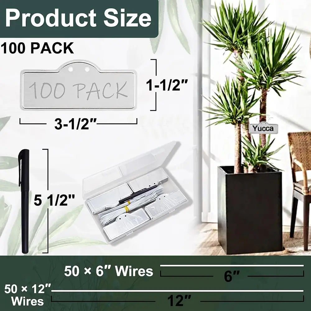 Product size chart with dimensions of a plant pot, wires, and a tool set, set against a background with plants.