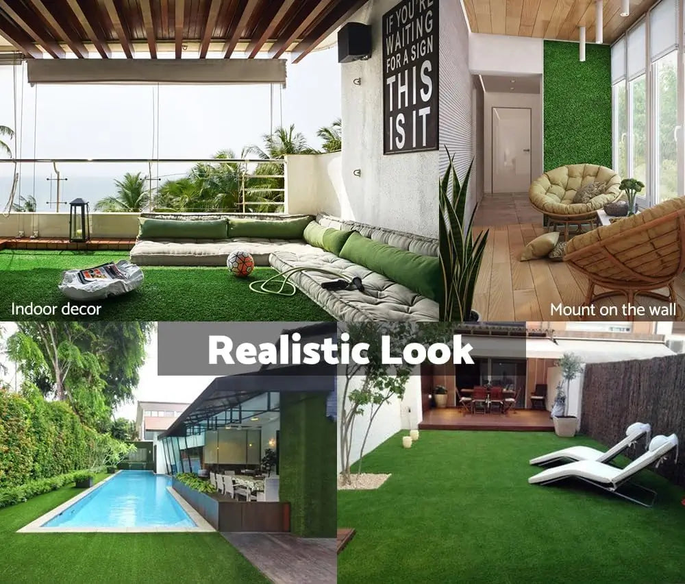 Collage of indoor and outdoor scenes with greenery and modern furniture.