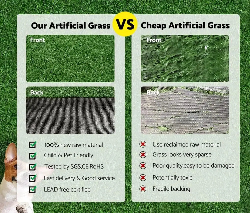 Comparison chart of 'Our Artificial Grass' vs 'Cheap Artificial Grass' with visual and textual differences.