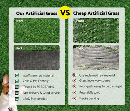 Comparison chart of 'Our Artificial Grass' vs 'Cheap Artificial Grass' with visual and textual differences.