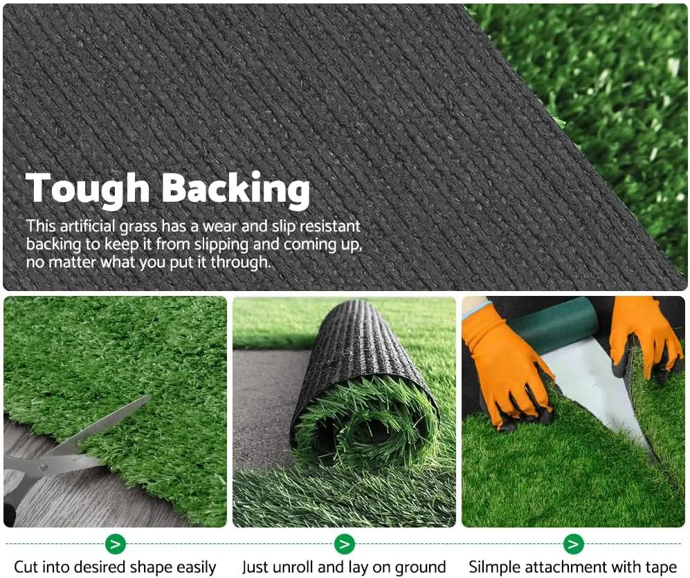 Artificial grass roll with text on tough backing, cutting tool, and attachment with tape.
