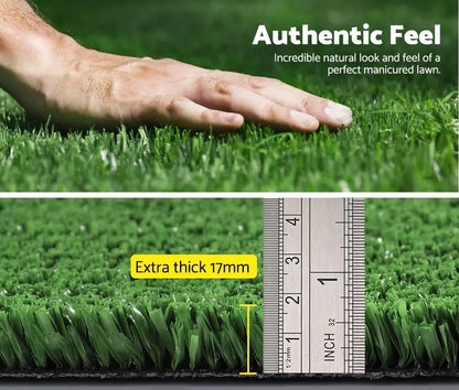 Artificial grass with a hand touching it and a ruler showing its thickness.