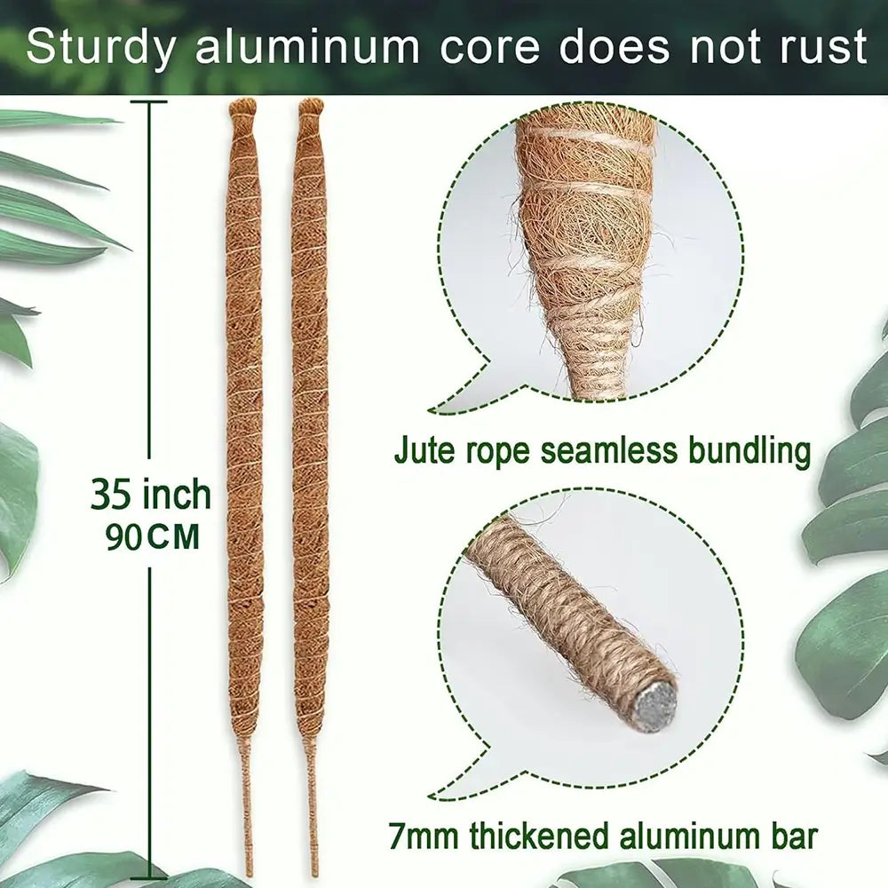 Jute rope with aluminum core, showing dimensions and features, surrounded by green leaves.