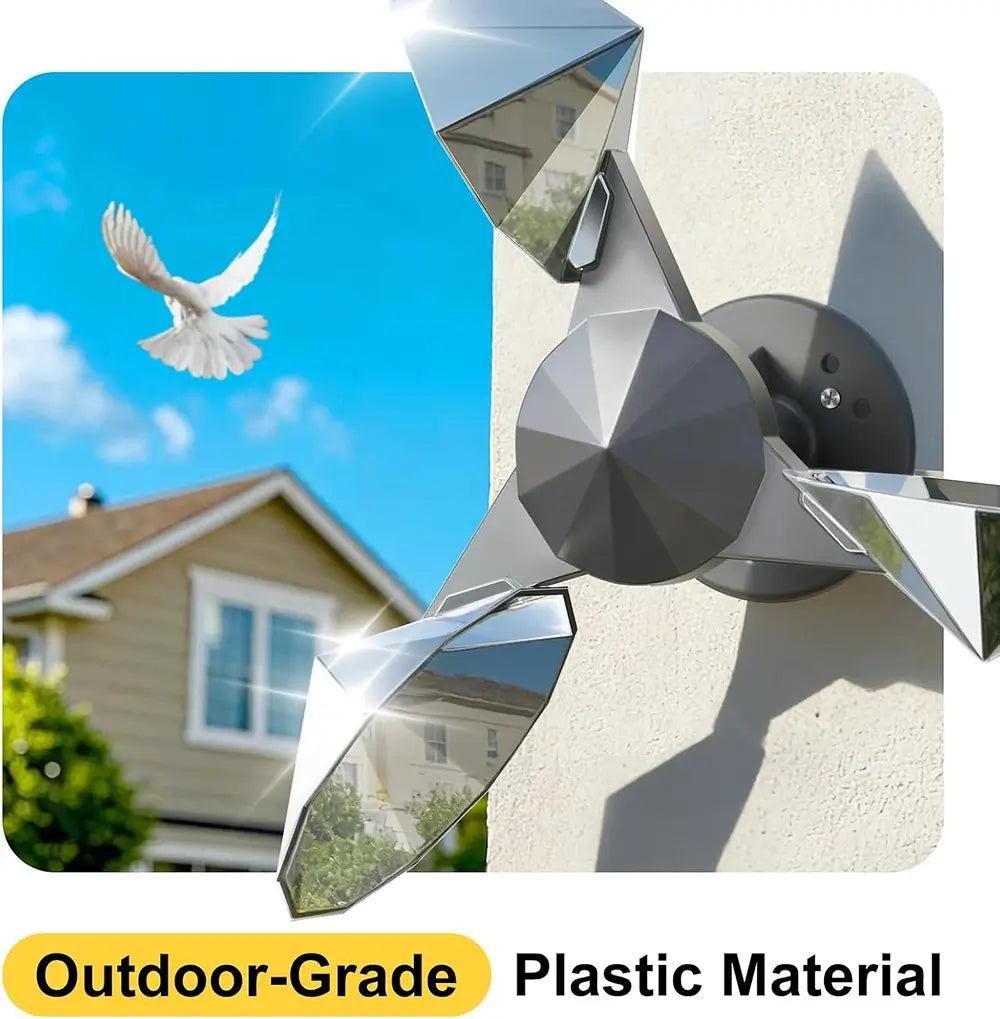 A wall-mounted outdoor security mirror with three faceted reflective panels, shown mounted on a beige exterior wall. The left side includes a lifestyle inset with a house, blue sky, and a white bird, with text reading 'Outdoor-Grade Plastic Material' at the bottom.