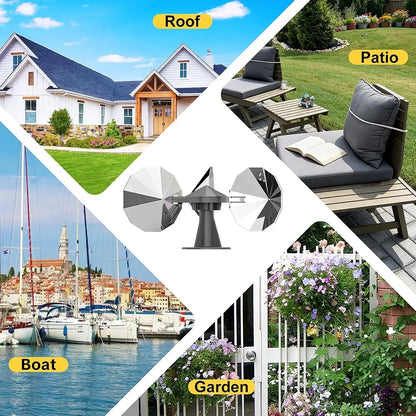 A collage showing a wind-up patio umbrella in the center, surrounded by lifestyle photos of the umbrella in use on a house roof, outdoor patio, boat, and garden. Yellow labels at the top of each section read Roof, Patio, Boat, and Garden.