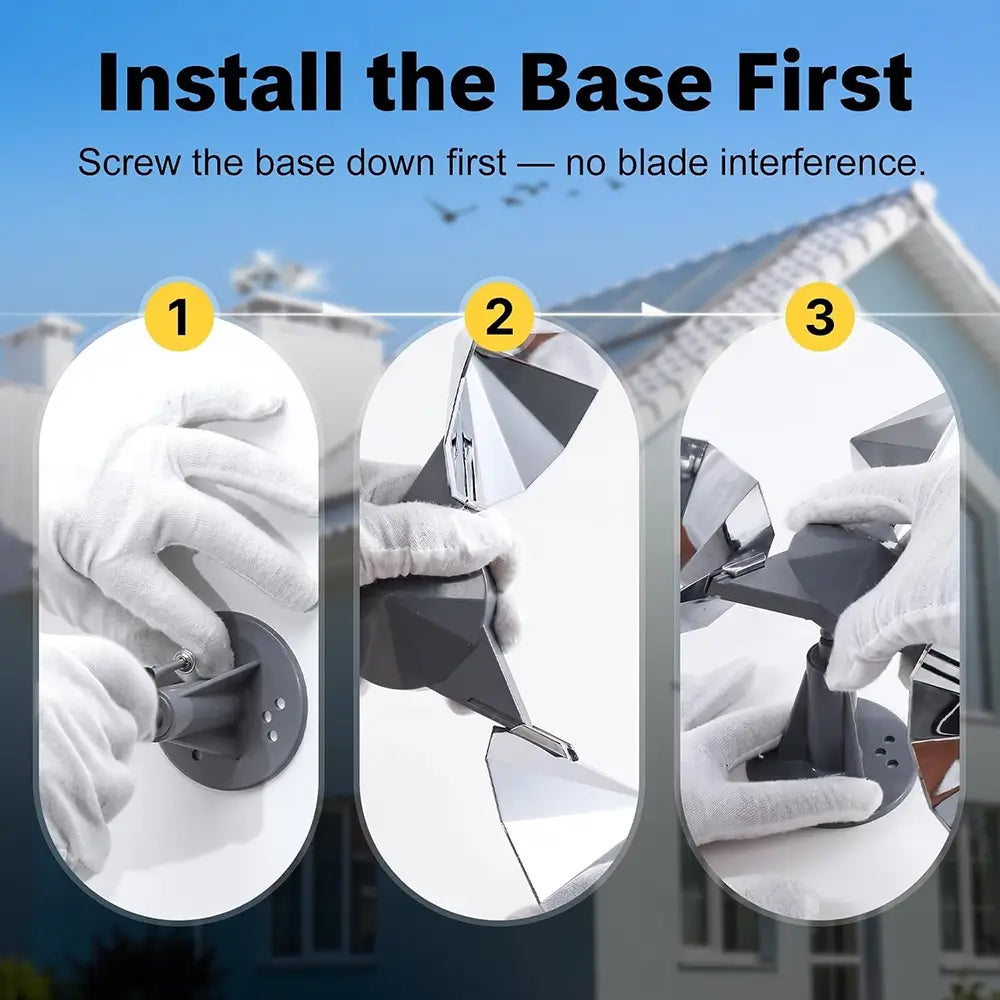 Instruction graphic showing how to install a geometric metal outdoor light. The top text reads 'Install the Base First' with a note about screwing the base down first to avoid blade interference.