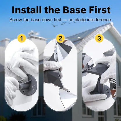 Instruction graphic showing how to install a geometric metal outdoor light. The top text reads 'Install the Base First' with a note about screwing the base down first to avoid blade interference.