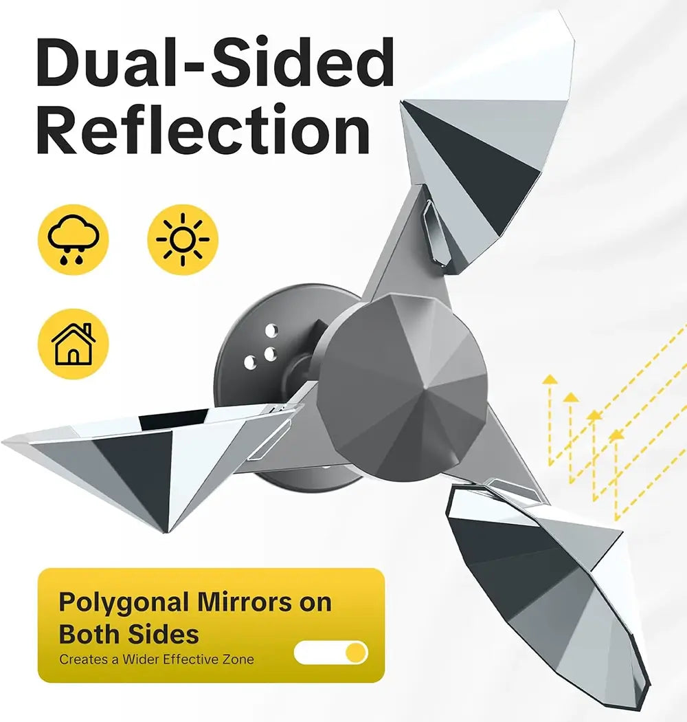A promotional graphic for a dual-sided reflective fan or wind spinner, showing a faceted metallic mirror design with text reading 'Dual-Sided Reflection' and 'Polygonal Mirrors on Both Sides.' The product is isolated on a white background with yellow icon accents and a toggle-style graphic element.