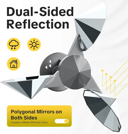 A promotional graphic for a dual-sided reflective fan or wind spinner, showing a faceted metallic mirror design with text reading 'Dual-Sided Reflection' and 'Polygonal Mirrors on Both Sides.' The product is isolated on a white background with yellow icon accents and a toggle-style graphic element.