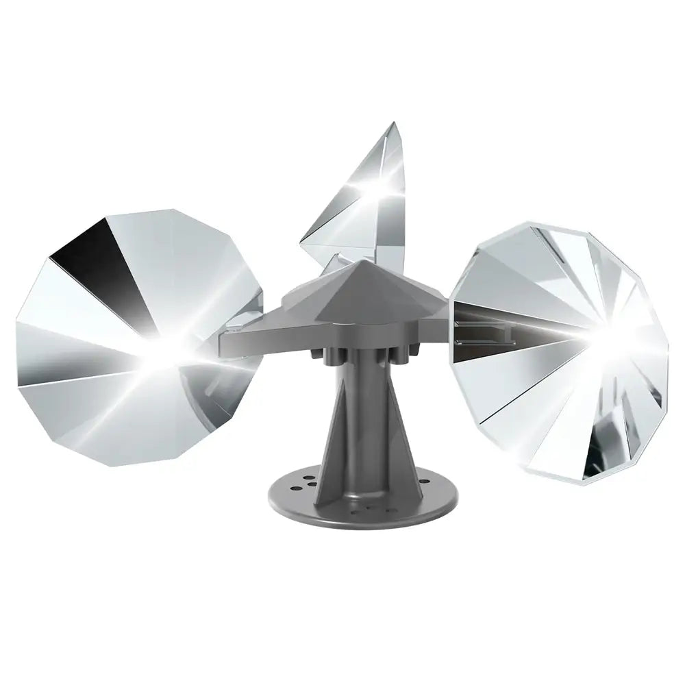 A silver metal wind vane with three faceted reflective blades and a central post on a circular base, shown against a plain white background.