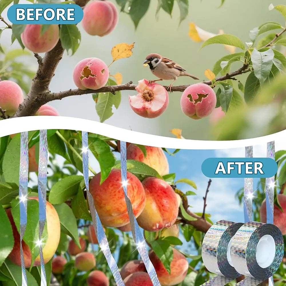 A collage showing peaches on a tree with cutouts, a sparrow perched on a branch, and rolls of reflective silver tape labeled BEFORE and AFTER. The lower section demonstrates the tape hanging in the air and reflecting light.