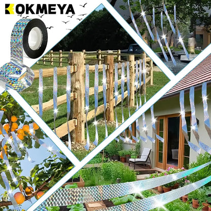 Collage of garden scene with decorative string lights and OKMEYA branding.
