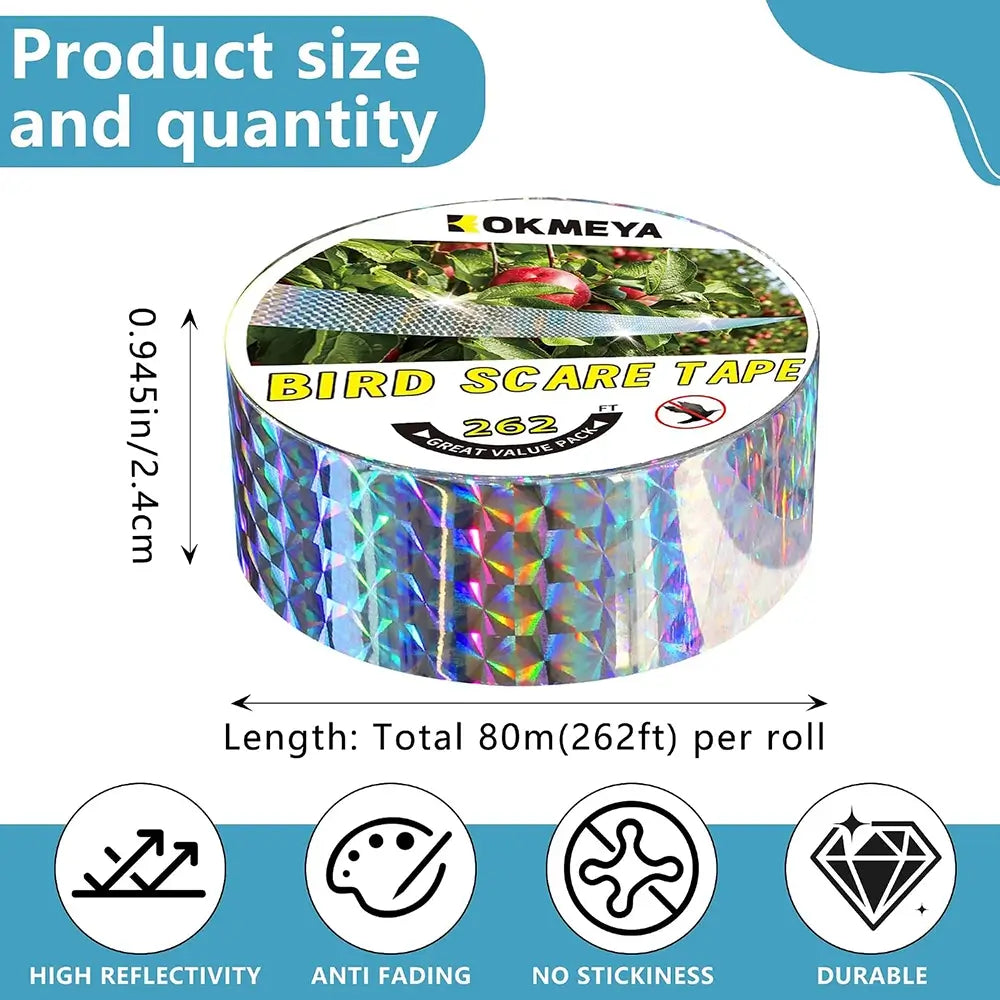 A roll of OKMEYA Bird Scare Tape with a holographic, iridescent pattern, shown with product size and quantity details, including dimensions (0.945in/2.