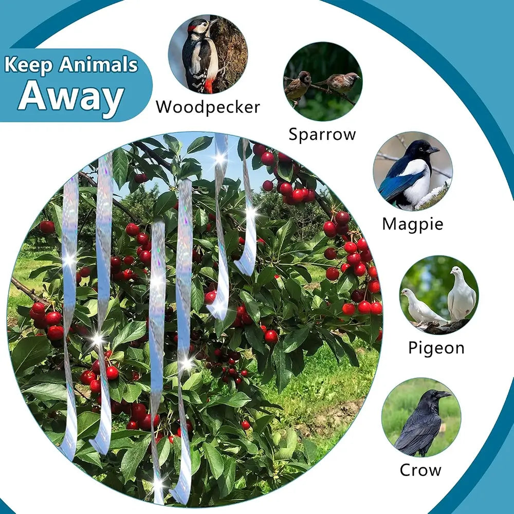 A circular product demonstration graphic showing reflective silver hanging strips attached to a cherry bush in a garden, with text reading 'Keep Animals Away' and small labeled animal photos of woodpecker, sparrow, magpie, pigeon, and crow around the main scene.