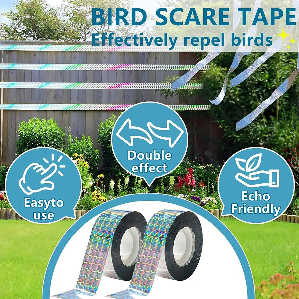 Bird scare tape rolls shown in a garden setting with promotional text and feature icons for 'Easy to use', 'Double effect', and 'Echo Friendly'.