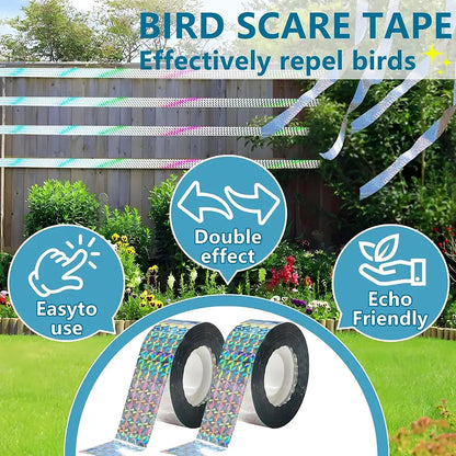 Bird scare tape rolls shown in a garden setting with promotional text and feature icons for 'Easy to use', 'Double effect', and 'Echo Friendly'.