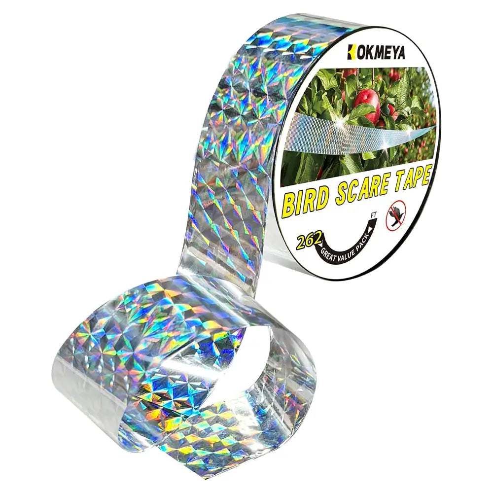 A roll of holographic bird scare tape with a partially unrolled strip, shown on a white background. The label on the spool features the brand name 'OKMEYA' and the product name 'BIRD SCARE TAPE' with an illustration of birds and a garden.