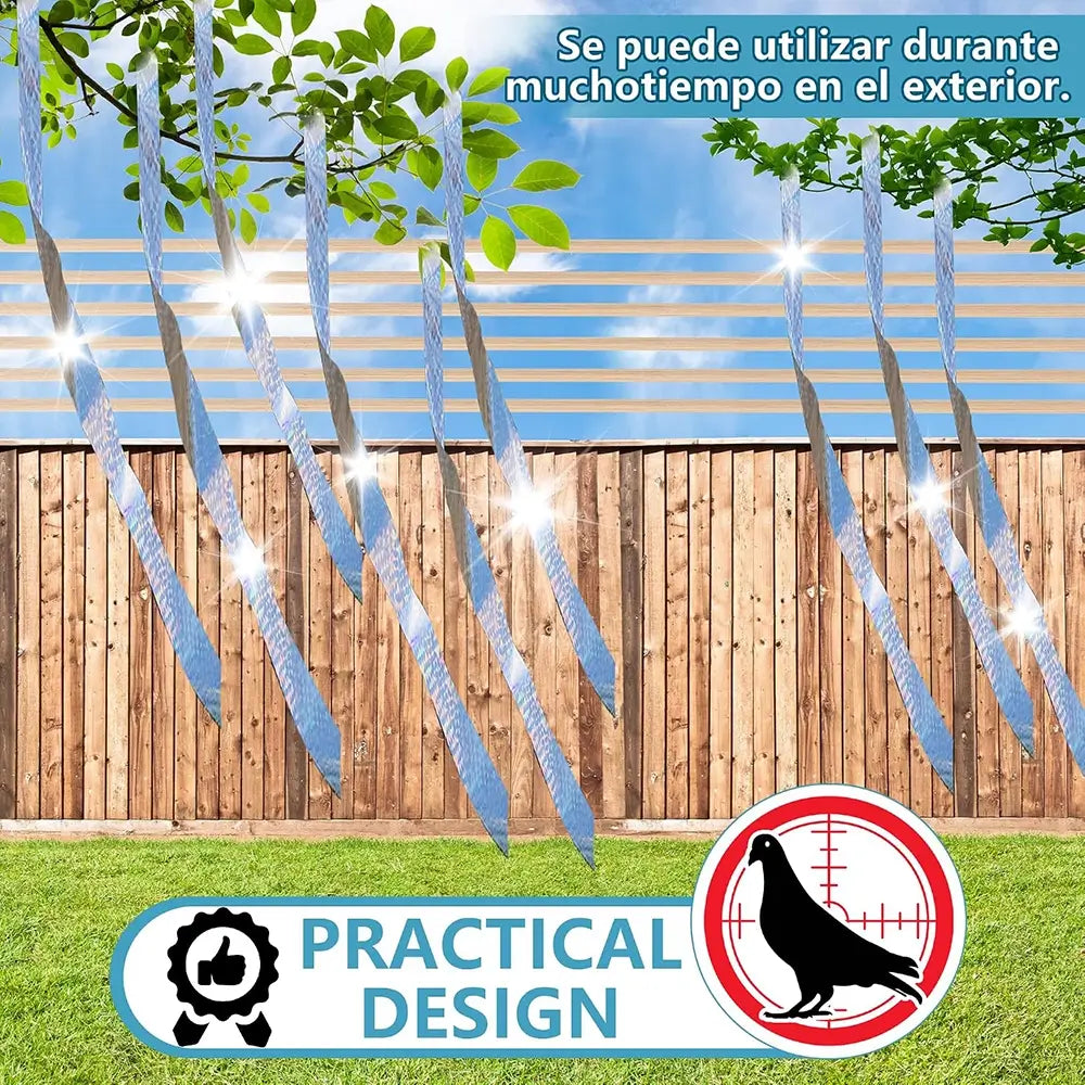 Outdoor solar lights with a practical design logo and text in Spanish.