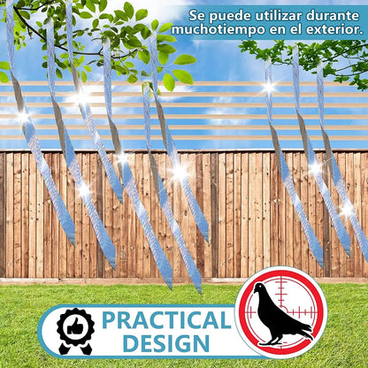 Outdoor solar lights with a practical design logo and text in Spanish.