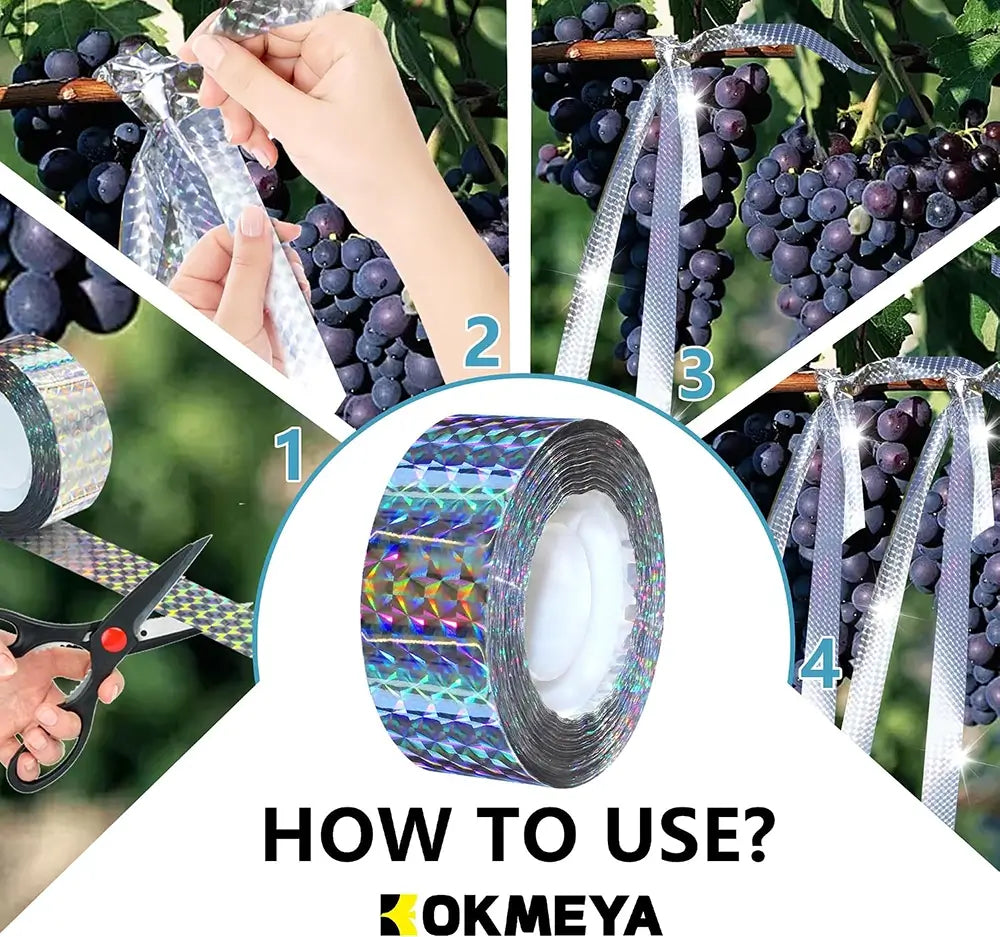 A collage showing a roll of reflective holographic tape with numbered steps 1-4 demonstrating how to use it to tie grapevine ribbons around grape clusters, plus a large 'HOW TO USE?' heading and the brand name OKMEYA.