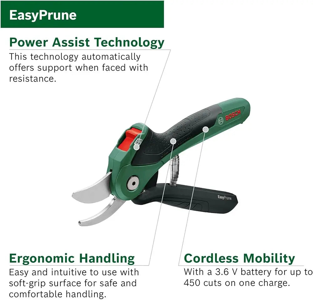 Bosch EasyPrune pruner with text highlighting features on a white background